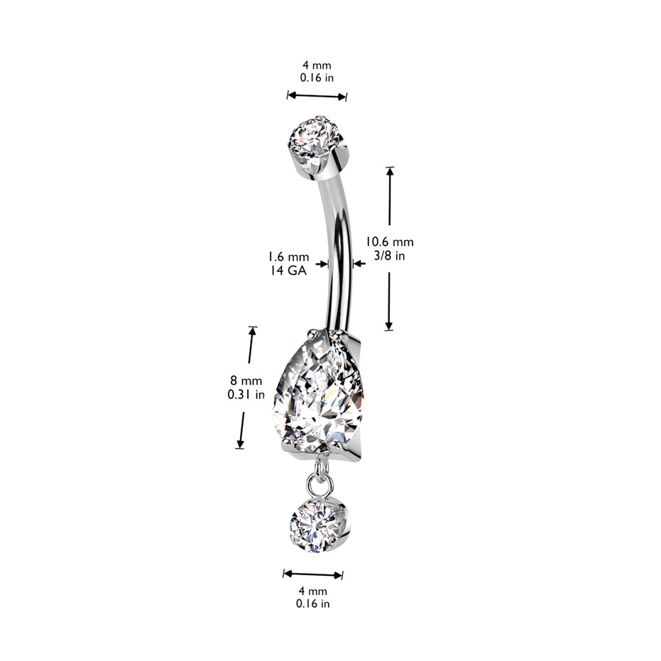 Pear CZ dangle belly button ring close-up detail — 14G ASTM F-136 implant-grade titanium navel barbell by Pressha
