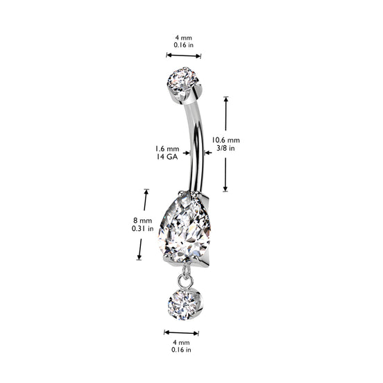 Pear CZ dangle belly button ring close-up detail — 14G ASTM F-136 implant-grade titanium navel barbell by Pressha
