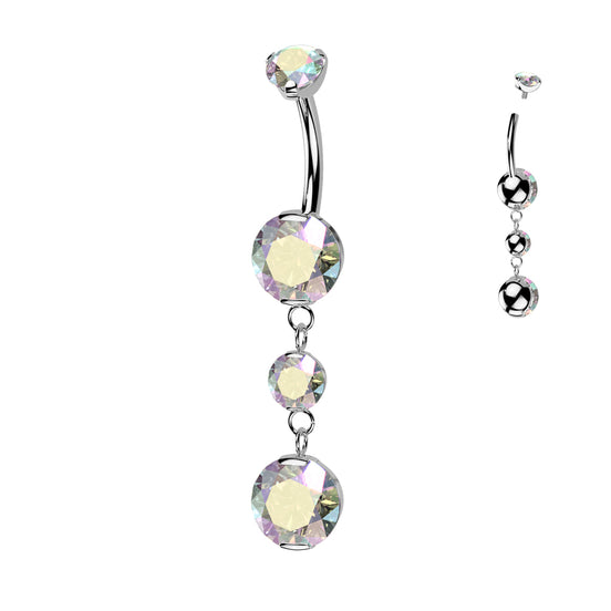 Double prong-set CZ dangle belly button ring in silver with clear CZ — 14G ASTM F-136 implant-grade titanium navel barbell by Pressha
