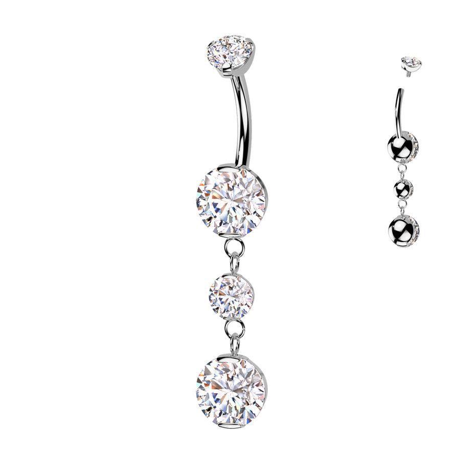 Double prong-set CZ dangle belly button ring in silver with aurora borealis CZ — 14G ASTM F-136 implant-grade titanium navel barbell by Pressha
