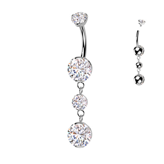 Double prong-set CZ dangle belly button ring in silver with aurora borealis CZ — 14G ASTM F-136 implant-grade titanium navel barbell by Pressha
