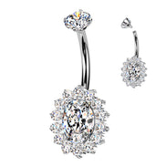 Implant-grade titanium internally threaded belly button ring with CZ oval and pavé detailing – Silver | Pressha