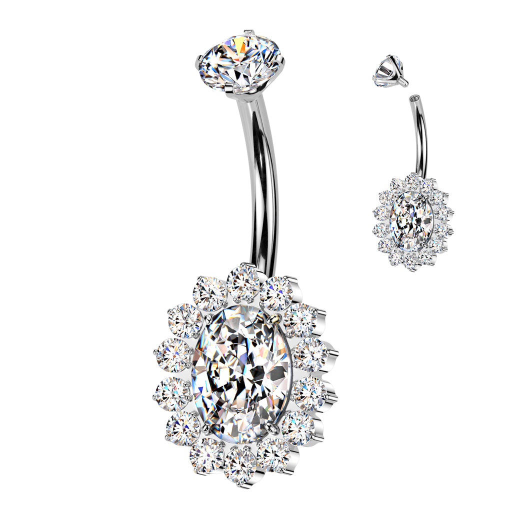 Implant-grade titanium internally threaded belly button ring with CZ oval and pavé detailing – Silver | Pressha