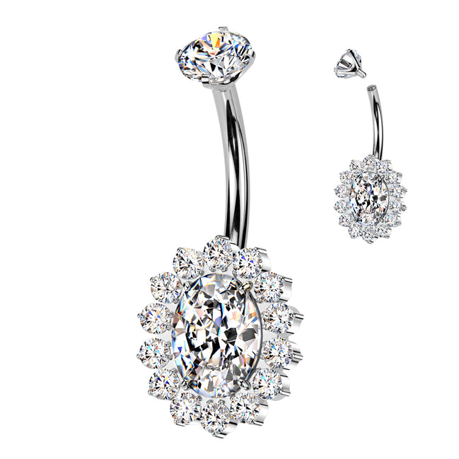 Implant-grade titanium internally threaded belly button ring with CZ oval and pavé detailing – Silver | Pressha