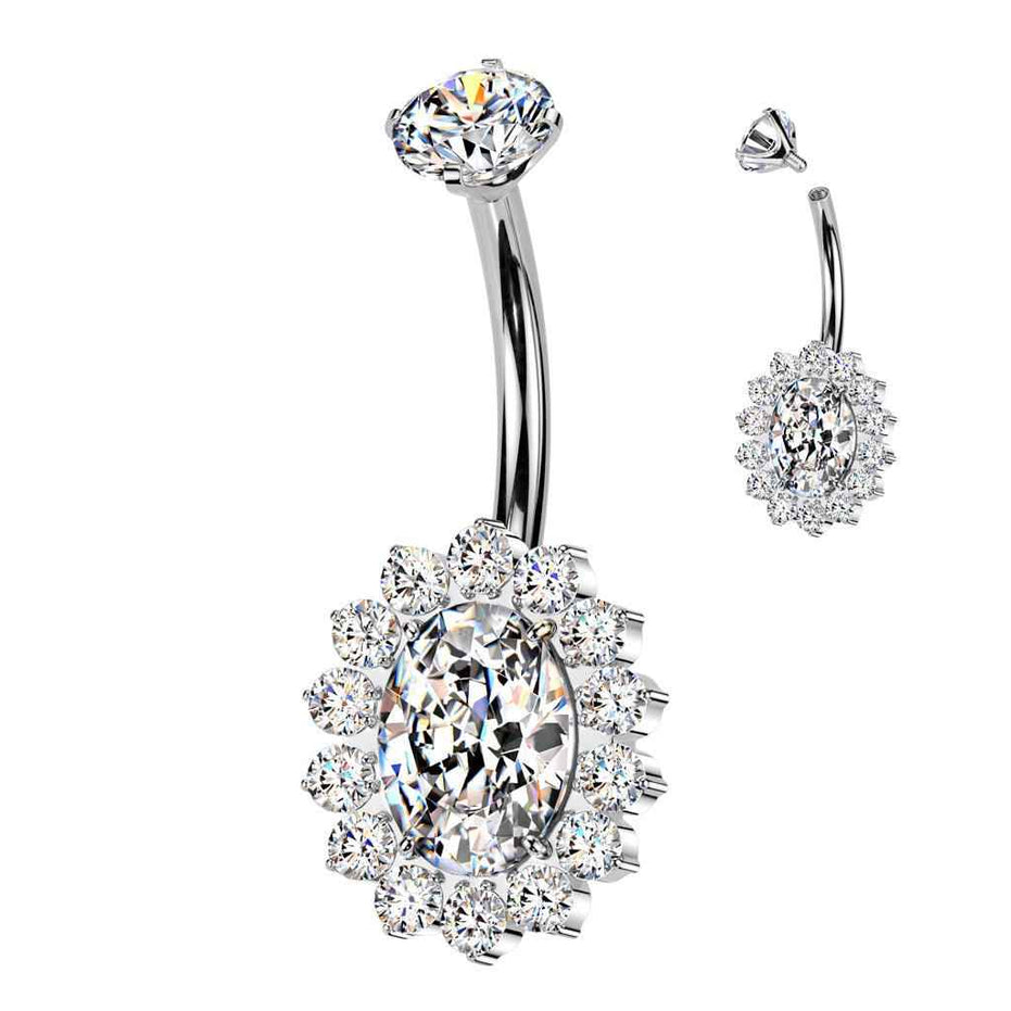 Oval CZ Pavé Halo Titanium Belly Button Ring – 14G ASTM F-136 Navel Barbell