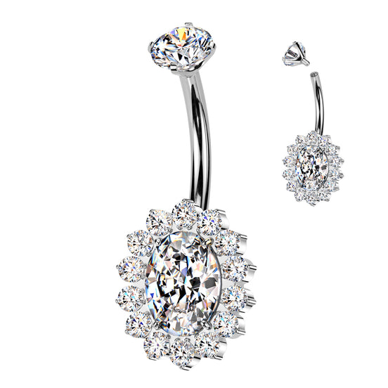 Implant-grade titanium internally threaded belly button ring with CZ oval and pavé detailing – Silver | Pressha