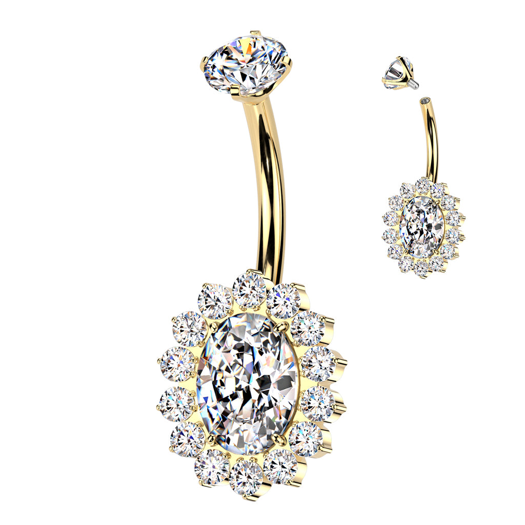 Implant-grade titanium CZ oval pavé belly ring – Gold | Pressha