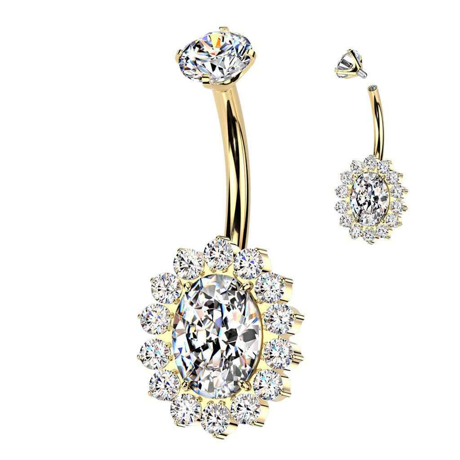 Oval CZ Pavé Halo Titanium Belly Button Ring – 14G ASTM F-136 Navel Barbell