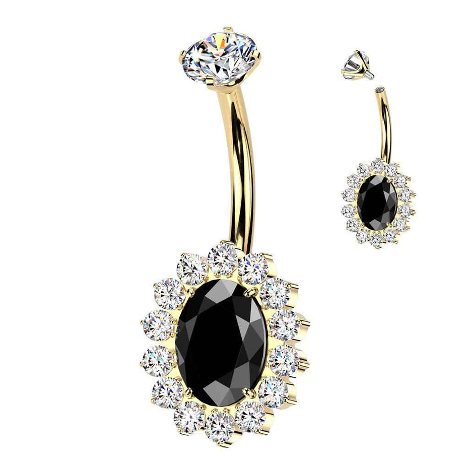 Oval CZ Pavé Halo Titanium Belly Button Ring – 14G ASTM F-136 Navel Barbell