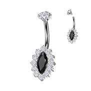 Implant-grade titanium internally threaded belly ring with marquise CZ and CZ pavé edge – Black/Silver | Pressha
