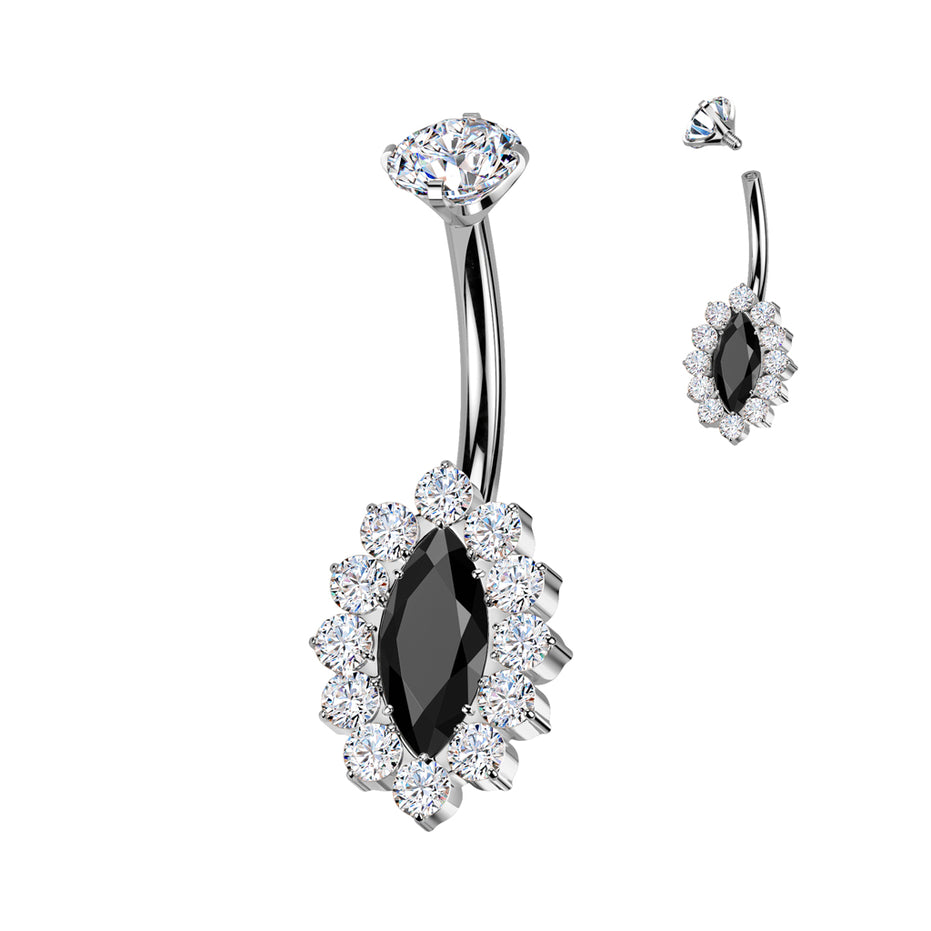 Marquise CZ pavé belly button ring in silver with black CZ — 14G ASTM F-136 implant-grade titanium navel barbell by Pressha
