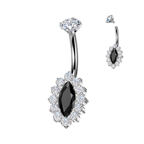 Implant-grade titanium internally threaded belly ring with marquise CZ and CZ pavé edge – Black/Silver | Pressha
