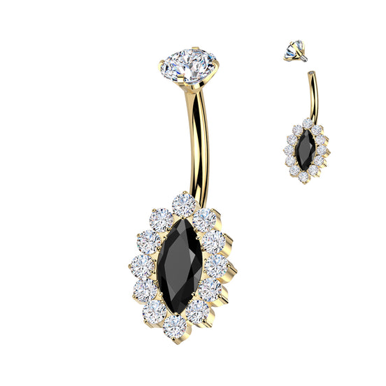 Marquise CZ pavé belly button ring in silver and gold with black CZ — 14G ASTM F-136 implant-grade titanium navel barbell by Pressha
