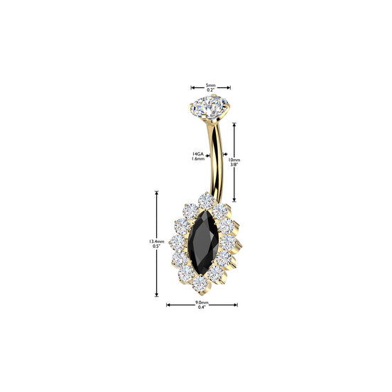 Marquise CZ pavé belly button ring in gold with black CZ — 14G ASTM F-136 implant-grade titanium navel barbell by Pressha
