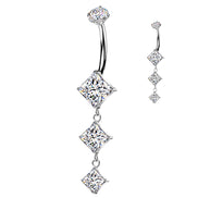 Implant-Grade Titanium Internally Threaded Belly Ring — Triple Descending Diamond CZ Dangle