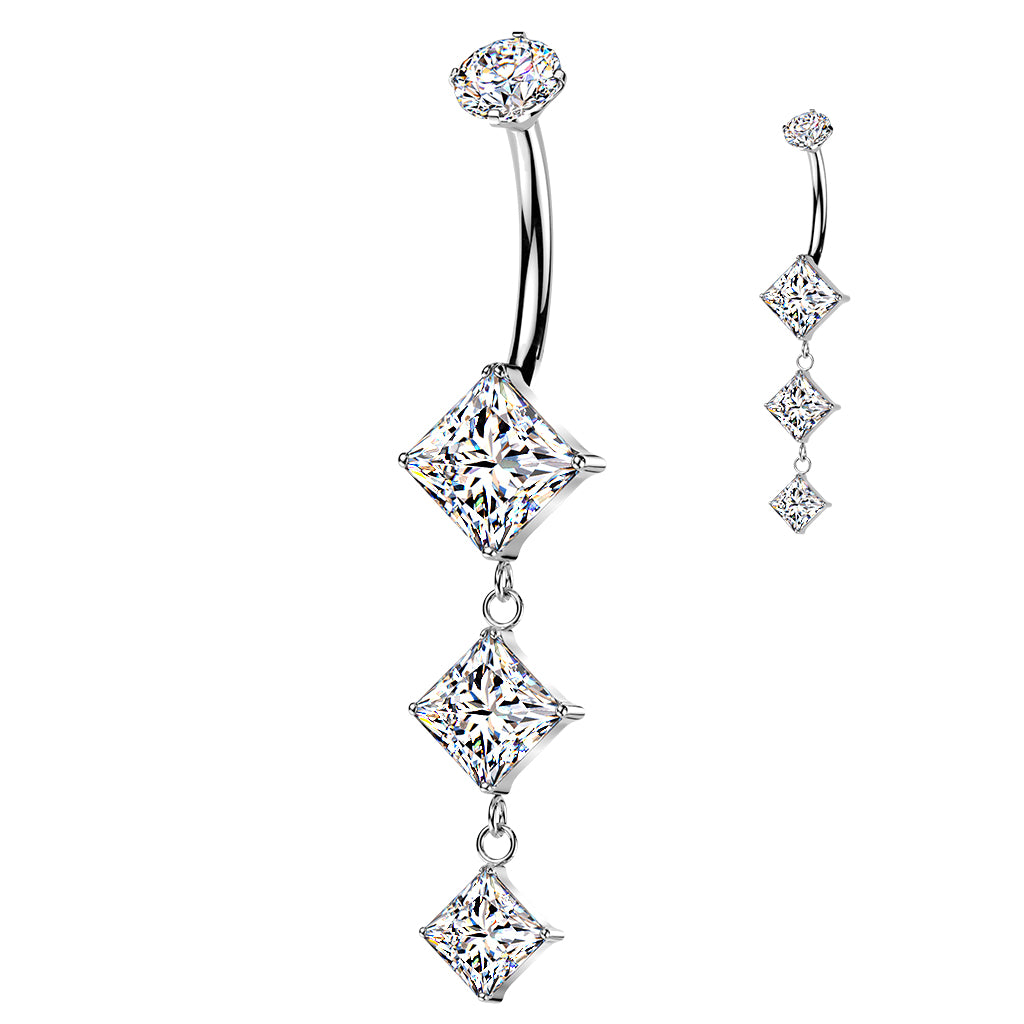 Implant-Grade Titanium Internally Threaded Belly Ring — Triple Descending Diamond CZ Dangle
