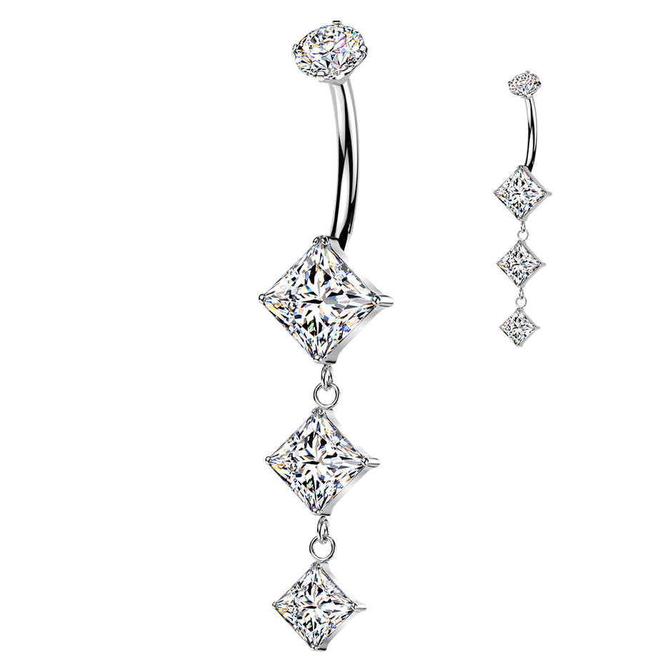 Triple descending diamond CZ dangle belly button ring in silver — 14G ASTM F-136 implant-grade titanium navel barbell by Pressha
