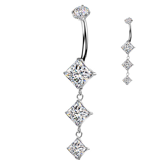 Implant-grade titanium internally threaded belly ring with triple descending diamond CZ dangle – Silver | Pressha