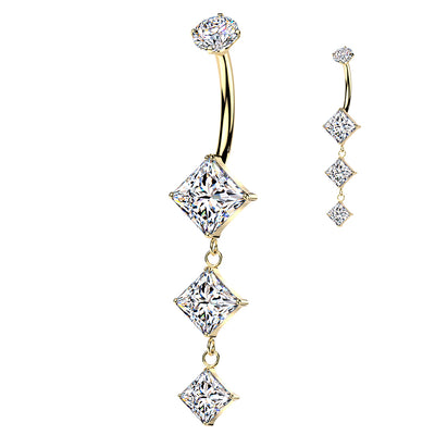 Triple descending diamond CZ dangle belly button ring in gold and silver — 14G ASTM F-136 implant-grade titanium navel barbell by Pressha
