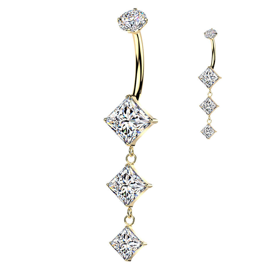 Triple descending diamond CZ dangle belly button ring in gold and silver — 14G ASTM F-136 implant-grade titanium navel barbell by Pressha
