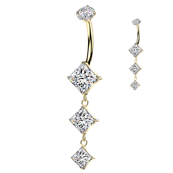 Implant-Grade Titanium Internally Threaded Belly Ring — Triple Descending Diamond CZ Dangle