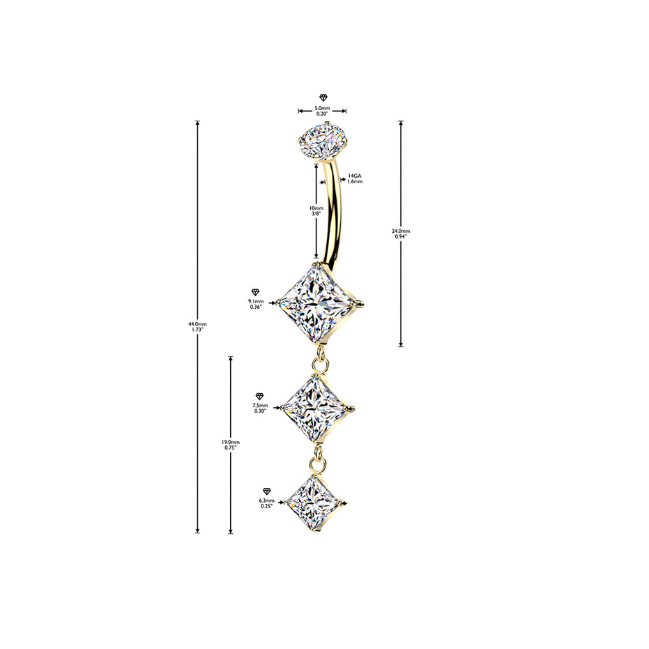 Triple descending diamond CZ dangle belly button ring detail view — 14G ASTM F-136 implant-grade titanium navel barbell by Pressha
