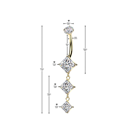 Triple descending diamond CZ dangle belly button ring detail view — 14G ASTM F-136 implant-grade titanium navel barbell by Pressha
