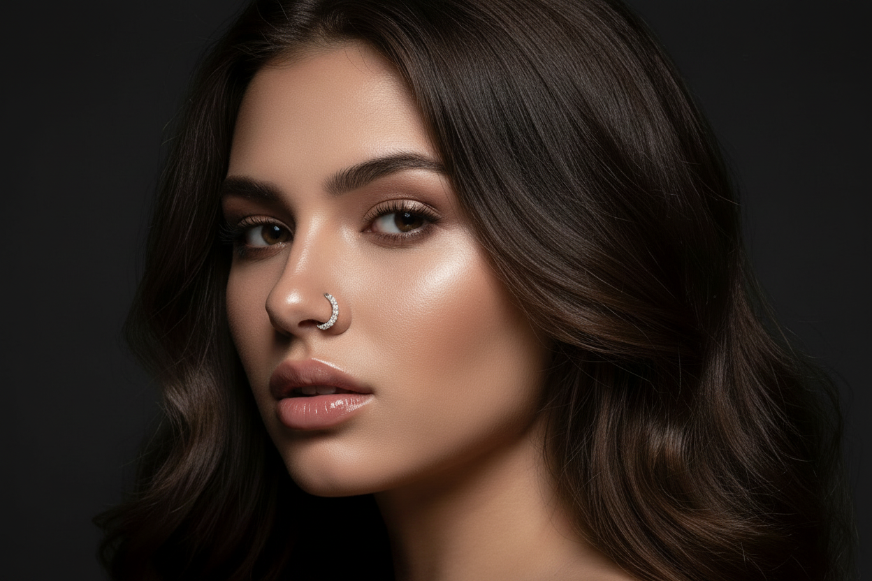 Close-Up Light Brown Skin Model — Pavé CZ Nose Ring Collection Banner
