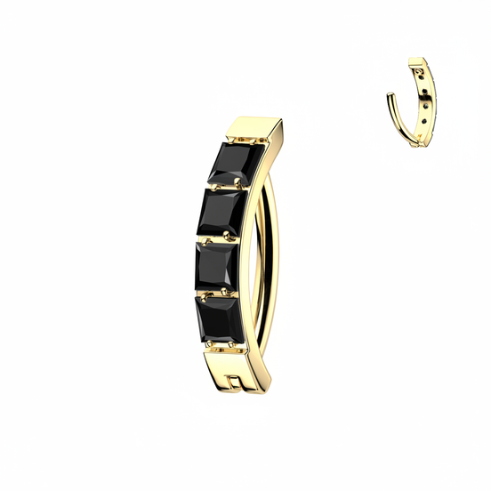 Pavé square CZ hinged hoop belly ring in gold with black CZ — 14G ASTM F-136 implant-grade titanium navel clicker by Pressha
