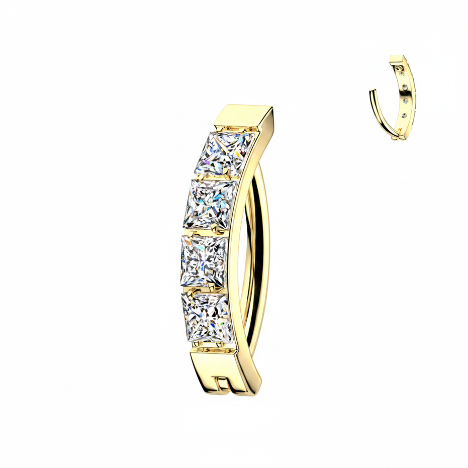 Pavé square CZ hinged hoop belly ring in gold with clear CZ — 14G ASTM F-136 implant-grade titanium navel clicker by Pressha
