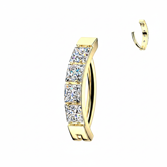 Pavé square CZ hinged hoop belly ring in gold with clear CZ — 14G ASTM F-136 implant-grade titanium navel clicker by Pressha
