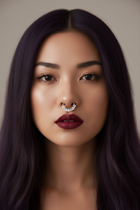 Latina model with septum ring, nose stud, purple hair