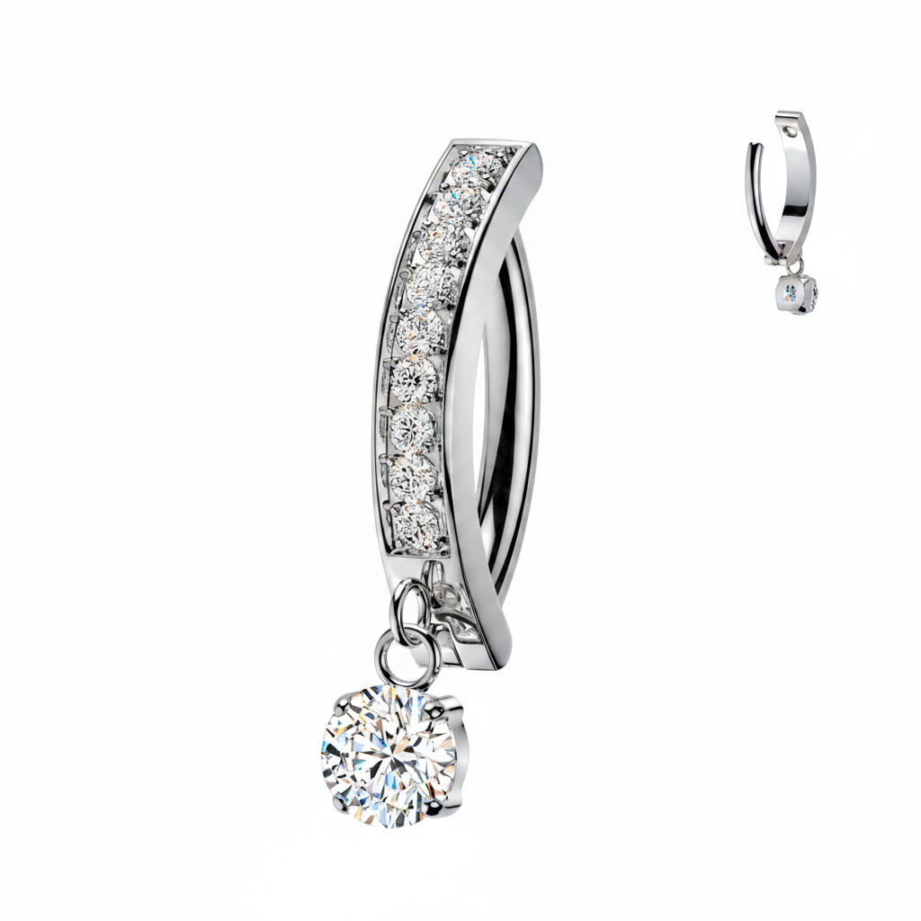 Implant-Grade Titanium Hinged Belly Ring with CZ Band & Dangle