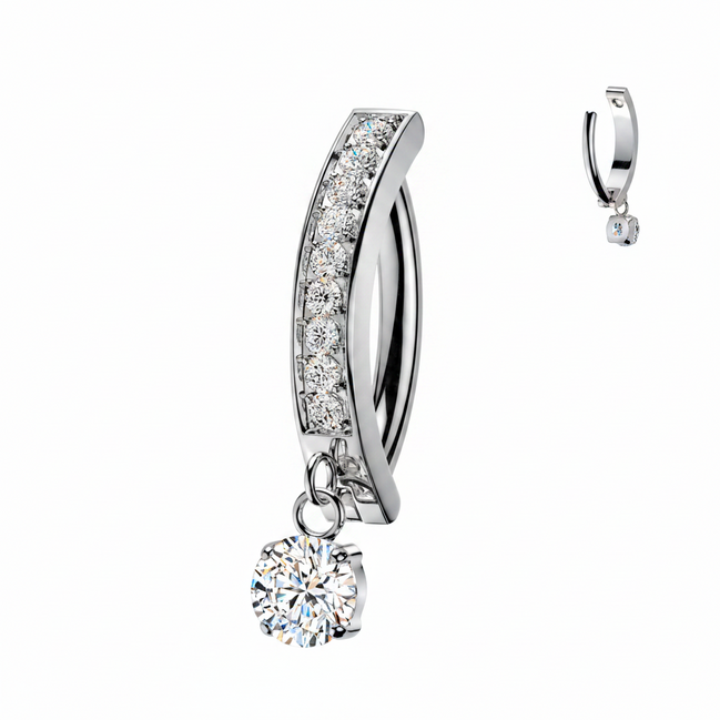 Implant-Grade Titanium Hinged Belly Ring with CZ Band & Dangle
