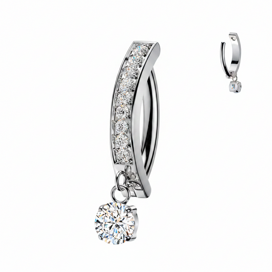 CZ pavé band & dangle navel clicker hoop in silver — 14G ASTM F-136 implant-grade titanium belly ring by Pressha
