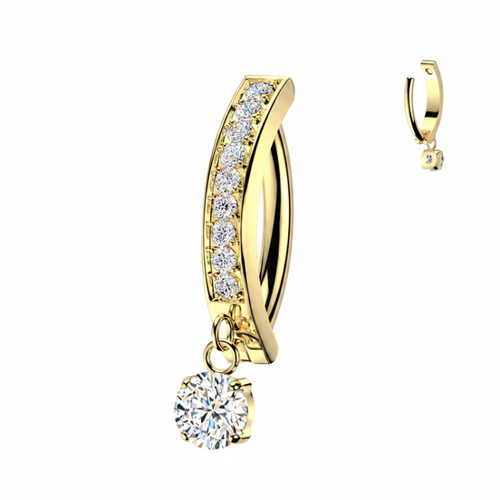 CZ pavé band & dangle navel clicker hoop in gold — 14G ASTM F-136 implant-grade
