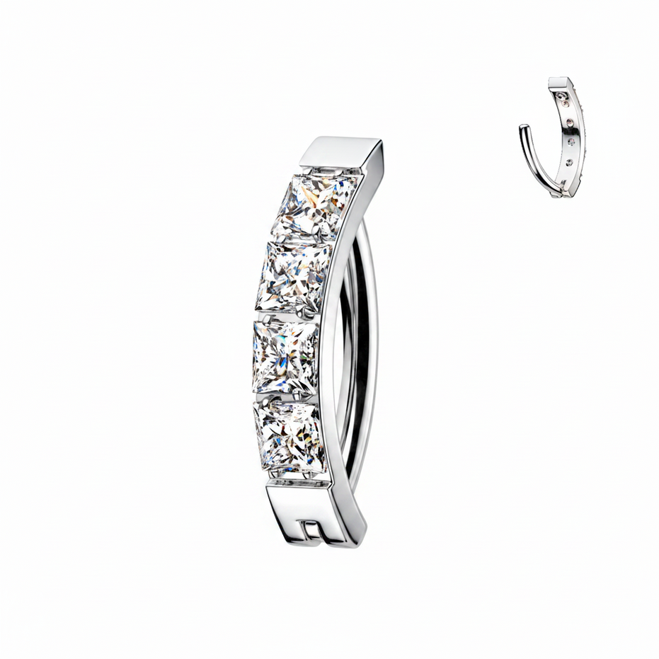 Pavé square CZ hinged hoop belly ring in silver — 14G ASTM F-136 implant-grade titanium navel clicker by Pressha
