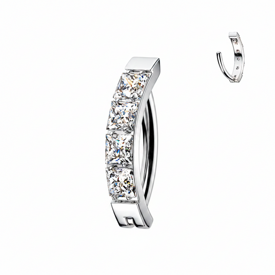 Pavé square CZ hinged hoop belly ring in silver — 14G ASTM F-136 implant-grade titanium navel clicker by Pressha
