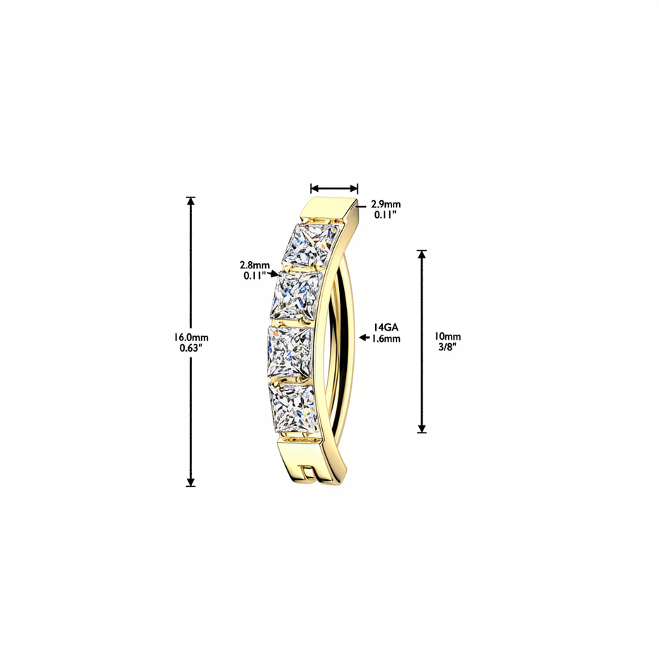 Pavé square CZ hinged hoop belly ring in silver — 14G ASTM F-136 implant-grade titanium navel clicker by Pressha
