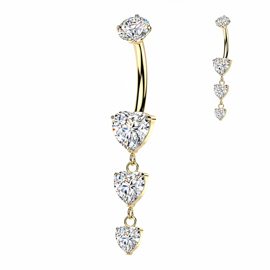 Triple heart CZ dangle belly button ring in silver — 14G ASTM F-136 implant-grade titanium navel barbell by Pressha
