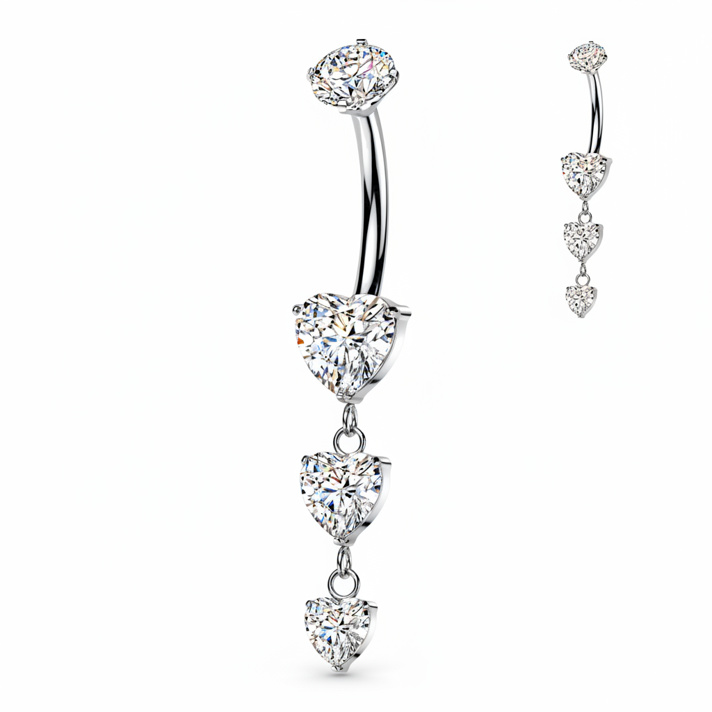 Implant Grade Titanium Internally Threaded Triple Heart CZ Dangle Navel Ring