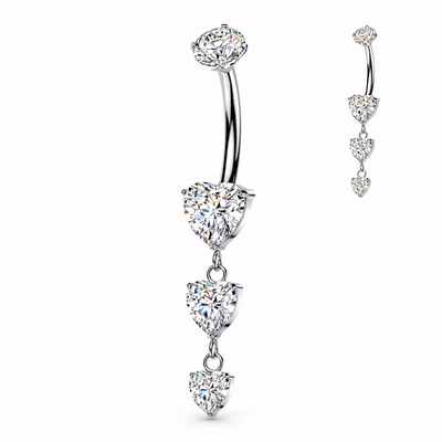 Triple heart CZ dangle belly button ring in gold and silver — 14G ASTM F-136 implant-grade titanium navel barbell
