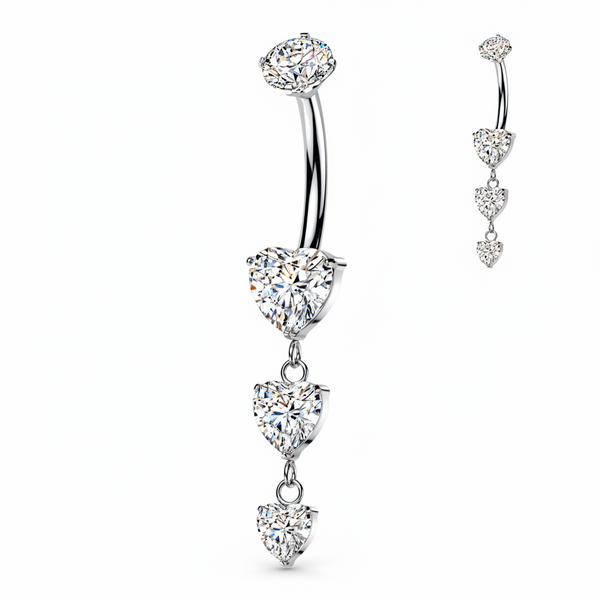 Triple heart CZ dangle belly button ring in gold and silver — 14G ASTM F-136 implant-grade titanium navel barbell
