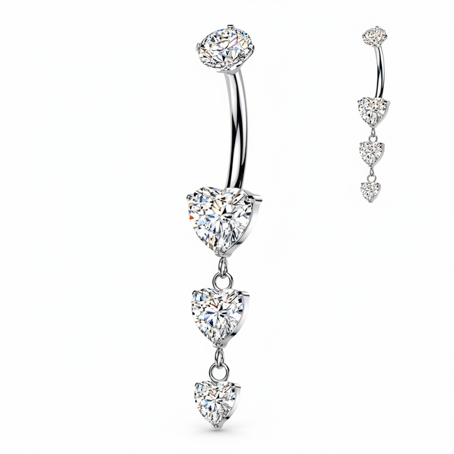 Implant Grade Titanium Internally Threaded Triple Heart CZ Dangle Navel Ring