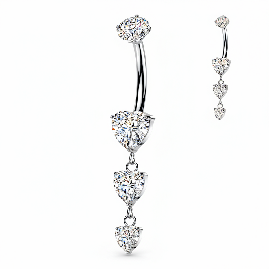 Triple heart CZ dangle belly button ring in gold and silver — 14G ASTM F-136 implant-grade titanium navel barbell
