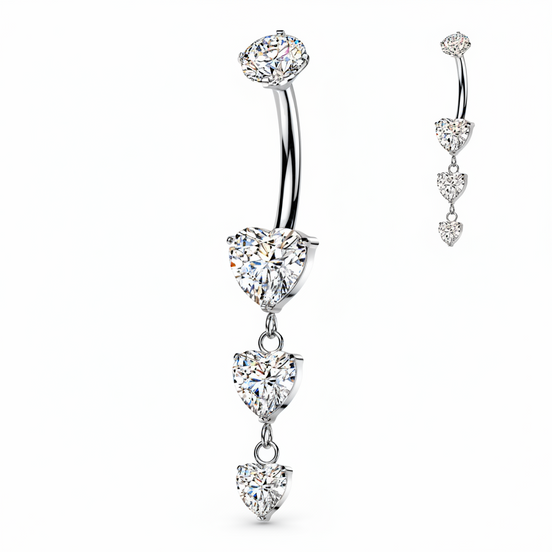 Triple heart CZ dangle belly button ring in gold and silver — 14G ASTM F-136 implant-grade titanium navel barbell
