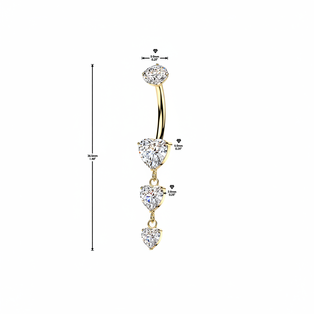 Implant Grade Titanium Internally Threaded Triple Heart CZ Dangle Navel Ring