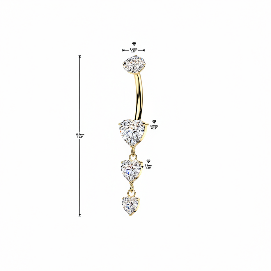 Triple heart CZ dangle belly button ring side view — 14G ASTM F-136 implant-grade titanium navel barbell by Pressha

