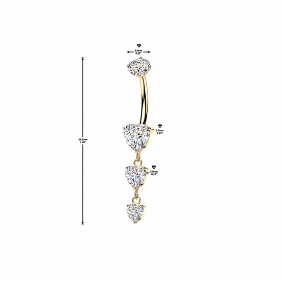 Triple heart CZ dangle belly button ring side view — 14G ASTM F-136 implant-grade titanium navel barbell by Pressha

